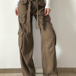 High Rise Belted Waist Grey Cargo Pants